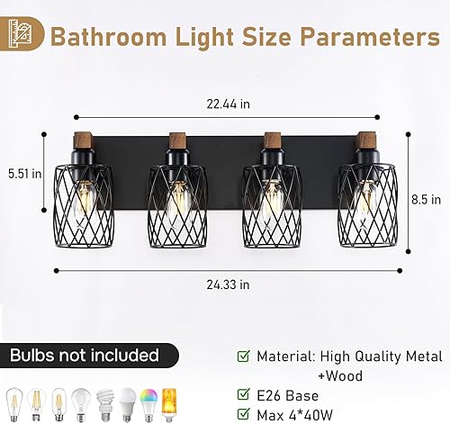 Miniatura 3 de Lámpara de tocador de baño de granja de 4 luces, accesorios de iluminación de baño de madera sobre el espejo, lámparas de baño negras con pantalla