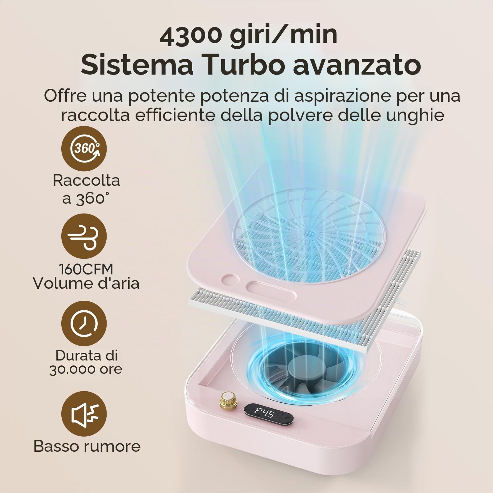 Aspiratore di polvere per unghie professionale, velocità variabile continua a 4300 giri/min, display a LED per nail design, nail art, acrilico, gel, pedicure e manicure (rosa)