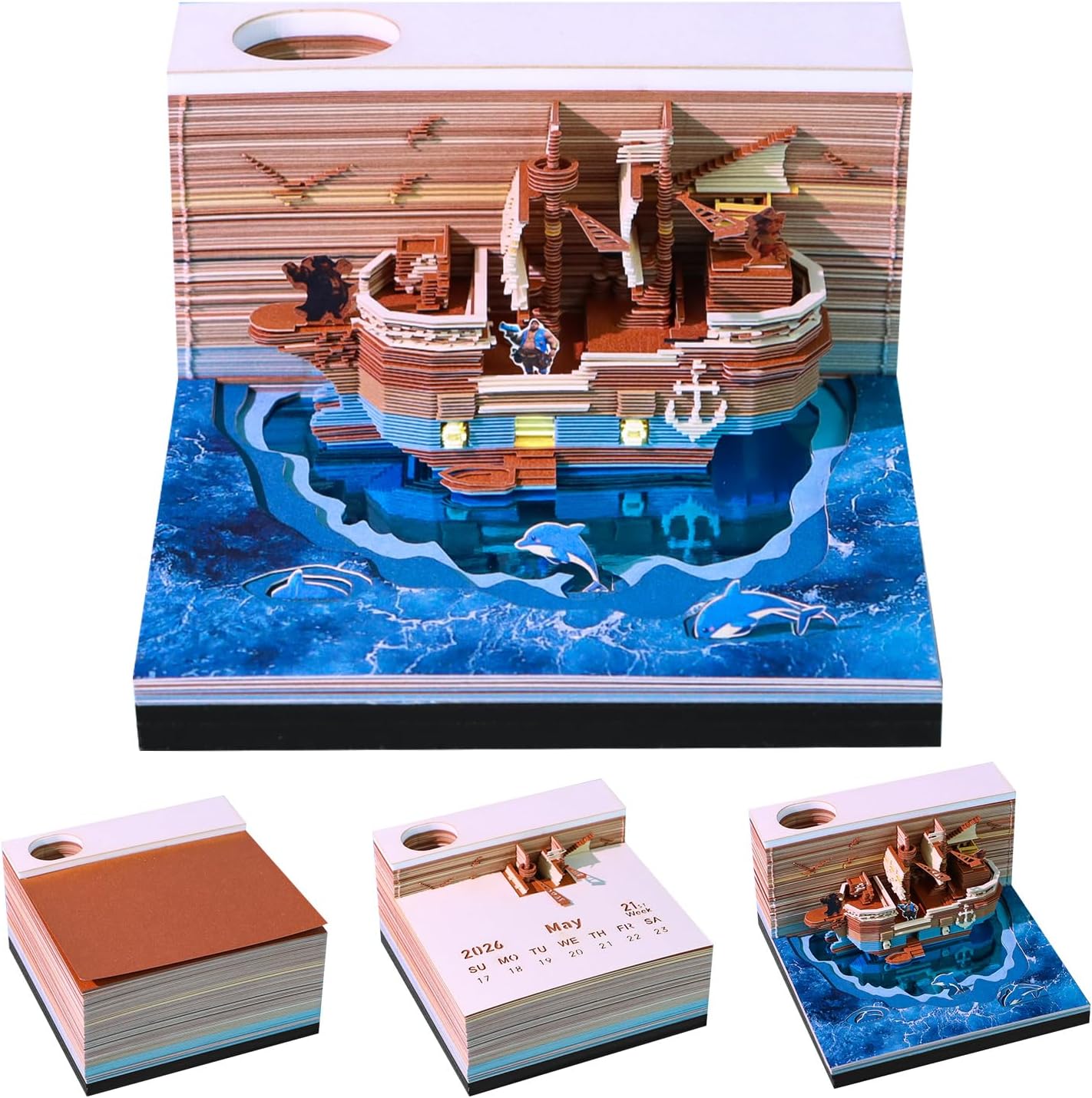 2026 3D LED Calendar with Memo Pad, Tear-Off Paper Sculpture Art, Acrylic Display Box - Creative Gift for Office Home Decor (Pirate Ship)