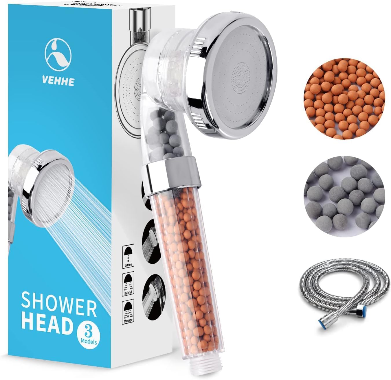 VEHHE Water Saving Shower Head with 1.5M Shower Hose, Ionic High Pressure 3 Modes Adjustable Shower Heads with Filter Beads, Power Shower Head to Increase Pressure