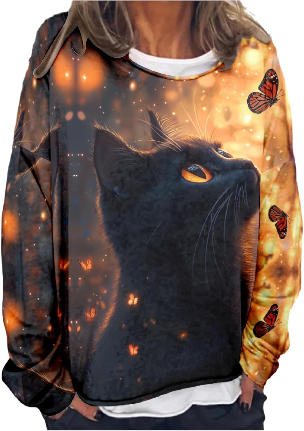 ZOCAVIA Womens Abstract Cat Sweatshirts Y2k Art Oil Painting Cat Pullover Tops Oversized Casual Long Sleeve Graphic Tees