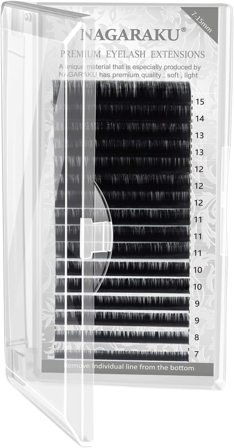 NAGARAKUEyelash Extensions Individual Lashes 0.10mm J curl 7-15mm Mix Tray Classic Matte Black Soft Natural Faux Mink 16 rows