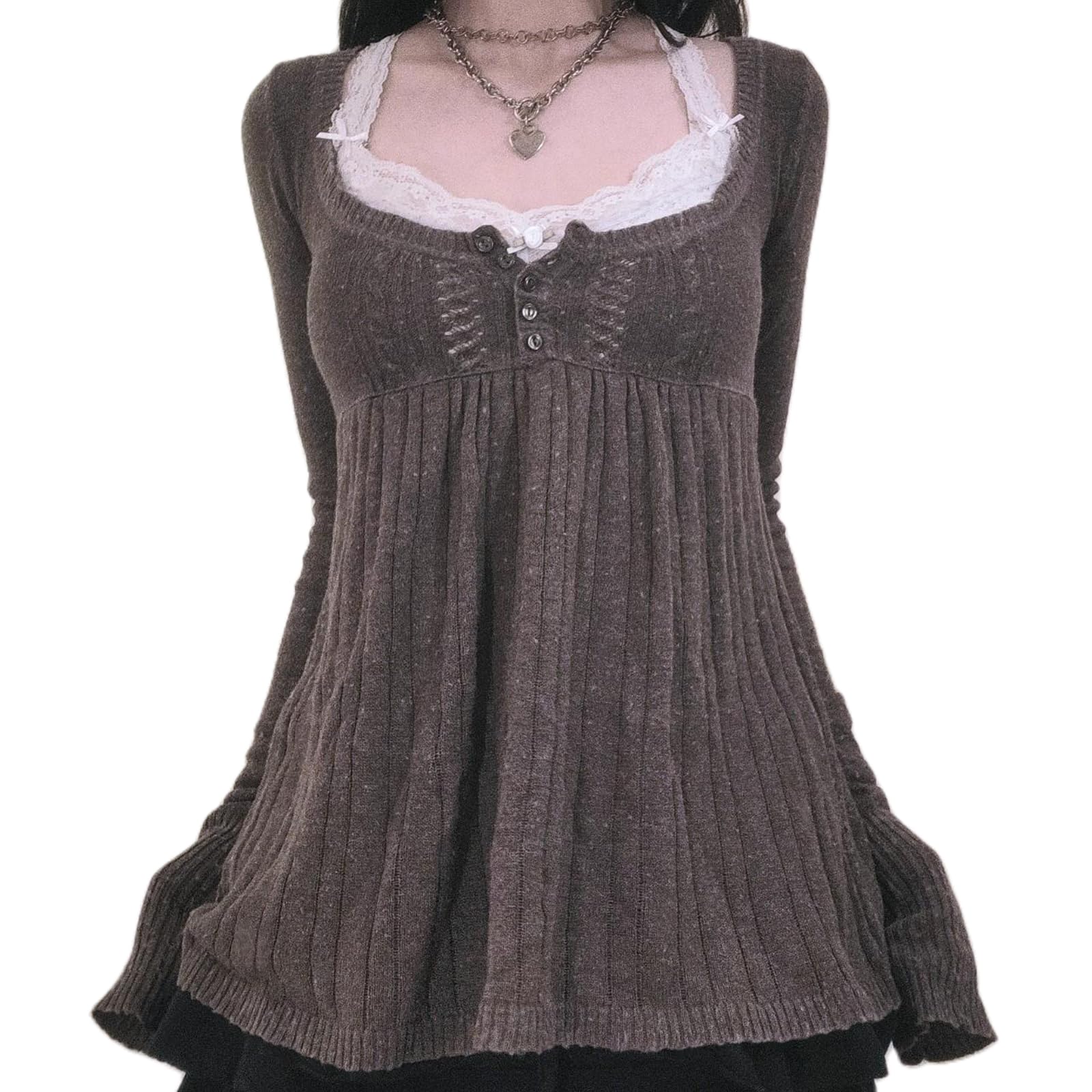 Women Vintage Solid Color Sweater Top Long Sleeve Button Front Knitted Top Retro Y2K Fairy Grunge Aesthetic Knitwear