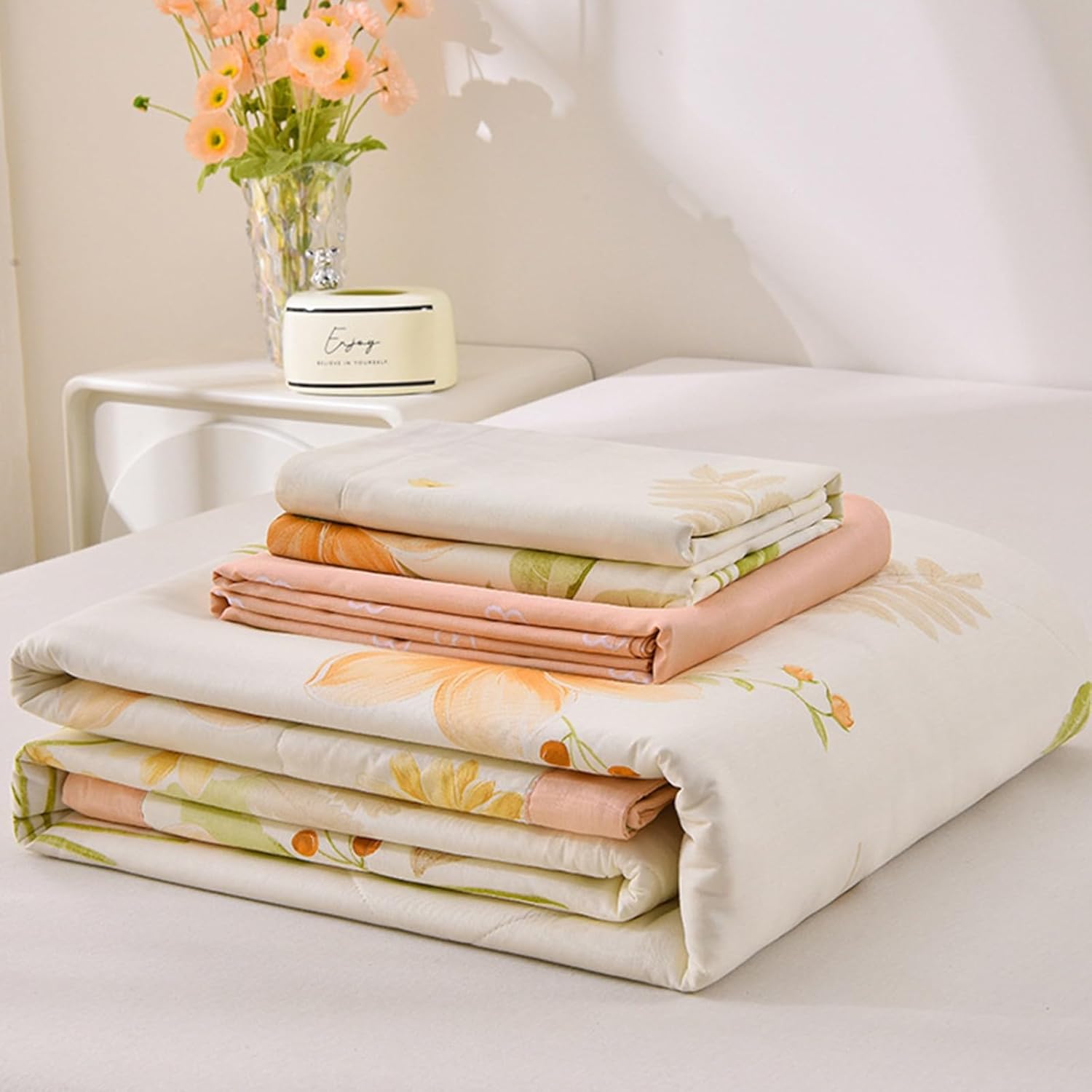 Quilt Set,100% Pure Cotton Thin Blanket,Student Dormitory/Children/Adult Twin Comforter Bedding,Machine Washable (Quilt x1/Bed sheet x1/Pillowcase x2)(19,1.5m 200x230)