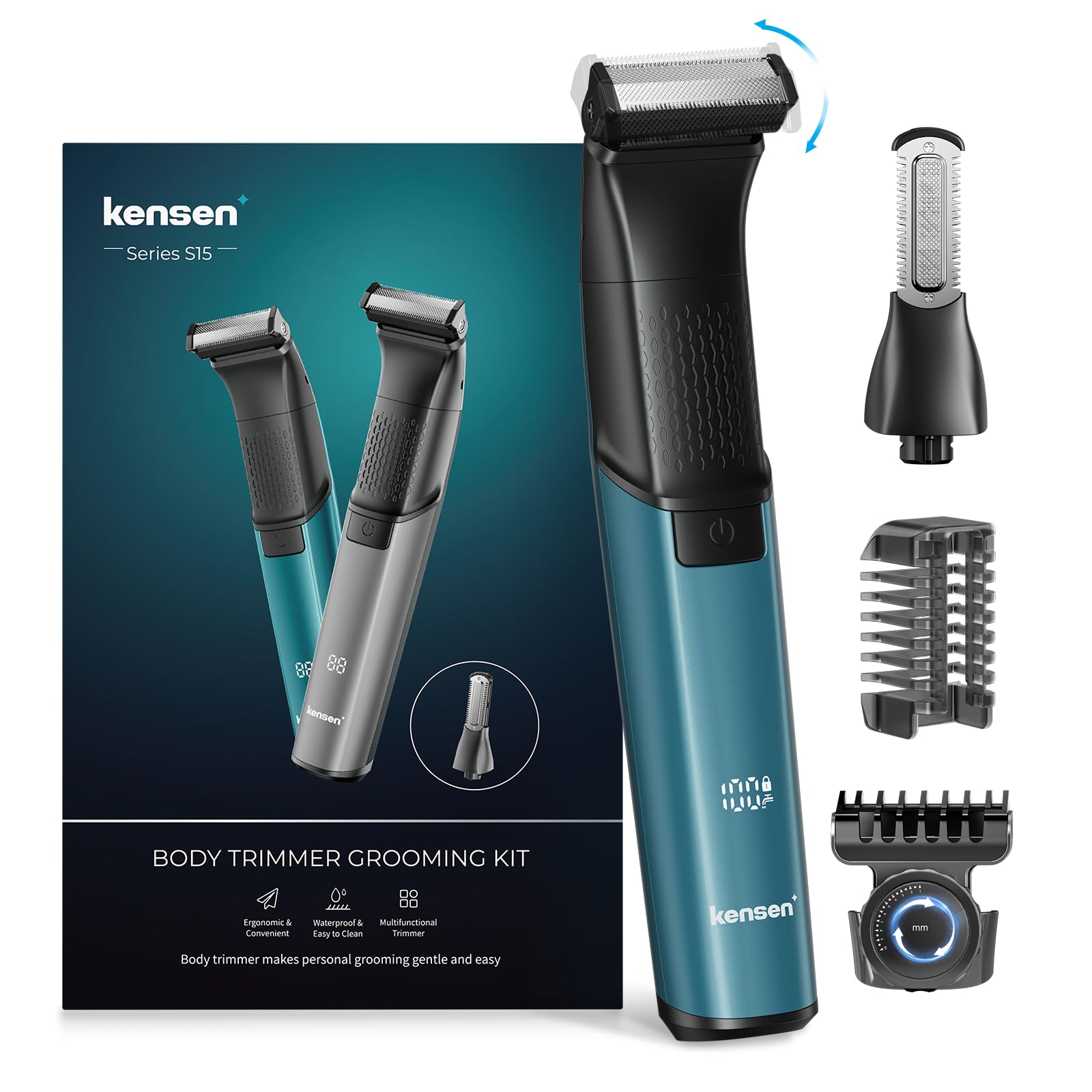 Afeitadora Corporal Masculina 2 en 1, Kensen IPX6 Impermeable Depiladora Corporal Hombre para Barba, Axilas, Pecho, Piernas y Genitales con Pantalla LED, Peine LÃmite Ajustable (1-10 mm), Verde