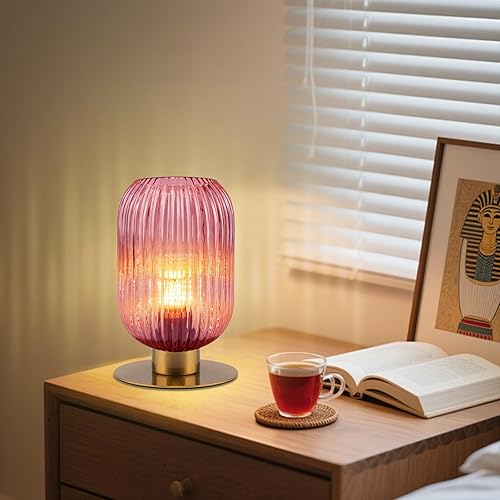 Miniatura 7 de Juego de 2 lámparas de mesa pequeñas, lámpara de escritorio de cristal de mediados de siglo, lámpara de mesita de noche retro con base de metal