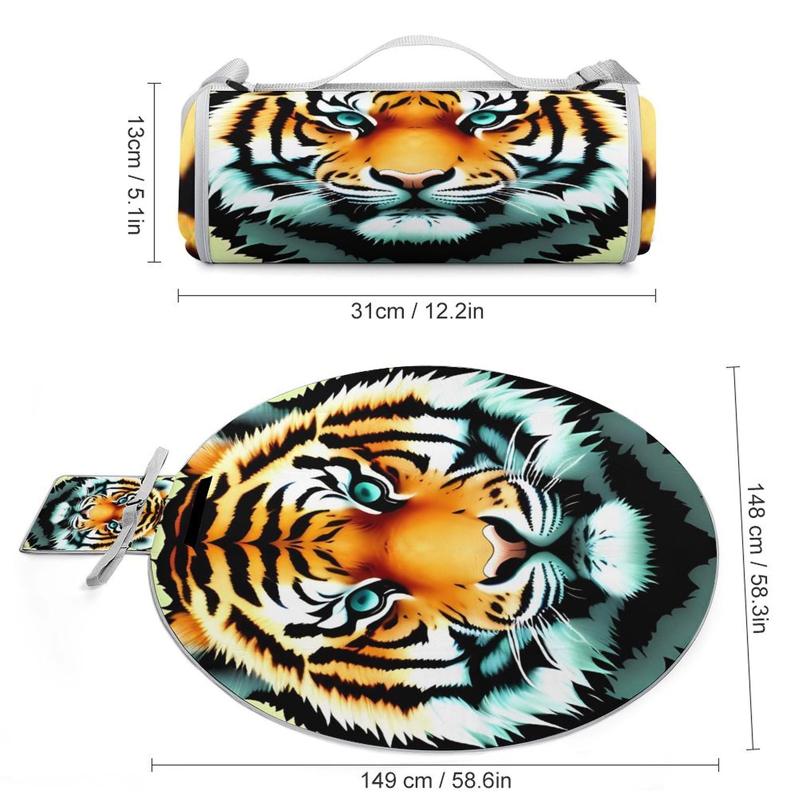 Tappetino da picnic rotondo, piccola testa di tigre con stampa di testa di tigre coperta da picnic pieghevole tappetino da picnic portatile versatile coperta da picnic