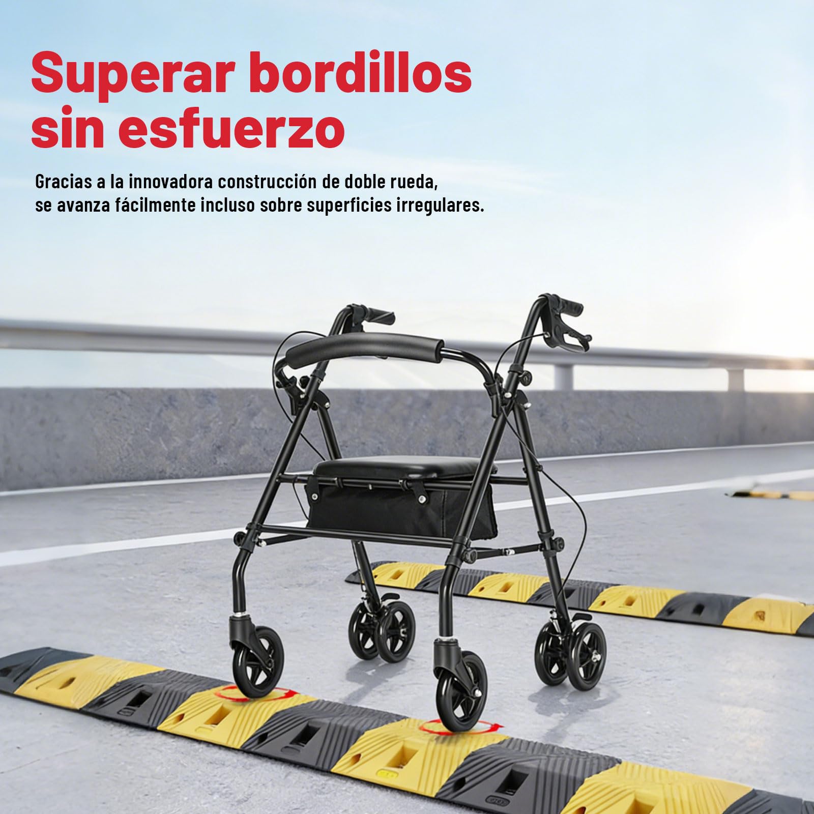 R5 andador ultraligero plegable(con asiento) para ancianos, estructura resistente de acero al carbono, ajuste de altura, sistema de freno/estacionamiento, apto para interiores y exteriores terrenos