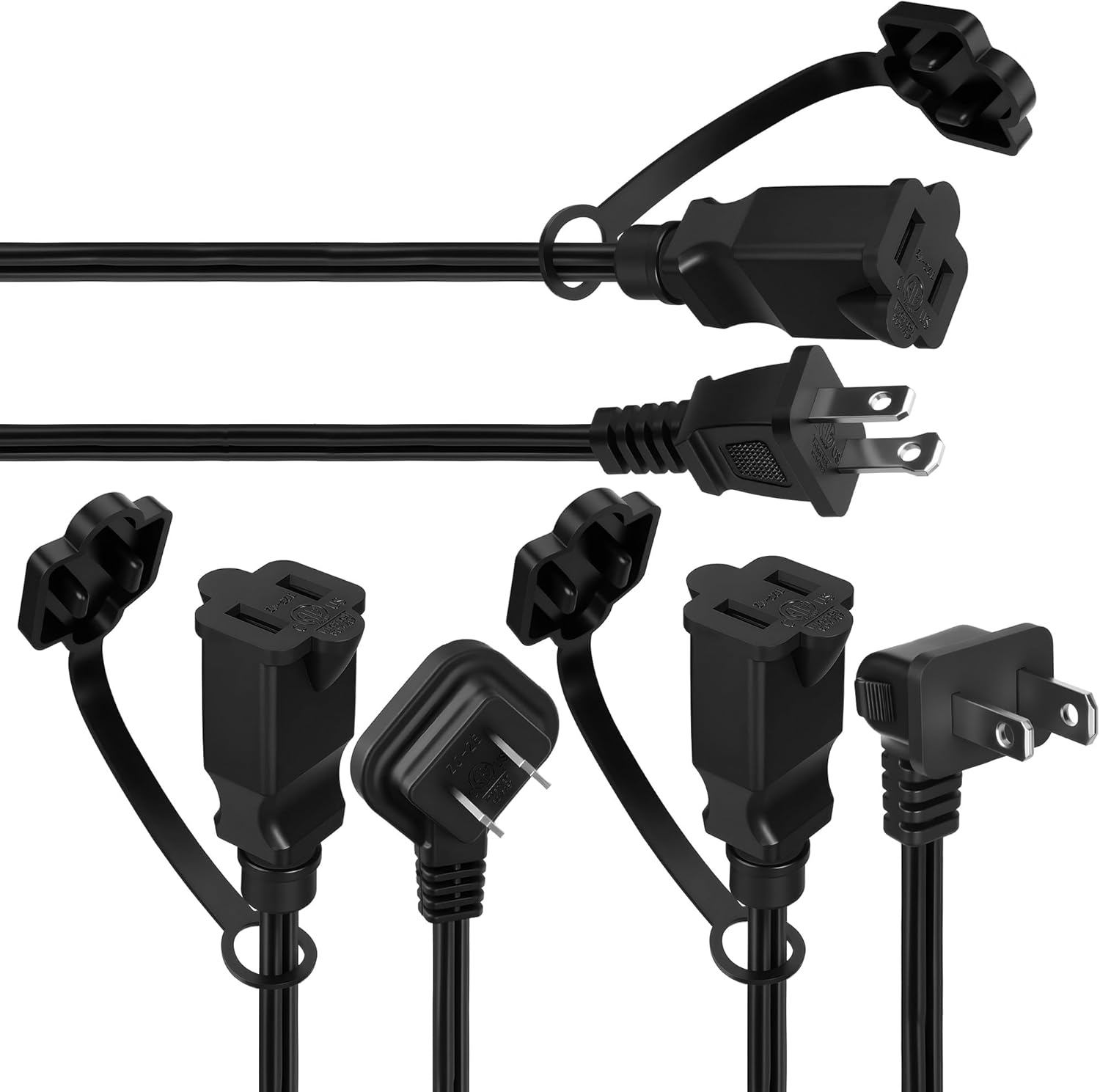 3-Pack Short 2 Prong Extension Power Cord with Safety Plug Cap 2Feet, Multiple Angles (45Degree/90Degree/ Straight) US AC 2-Prong Male to Female Extension Power Cord 10A 125V,NEMA 1-15P to 1-15R Cable