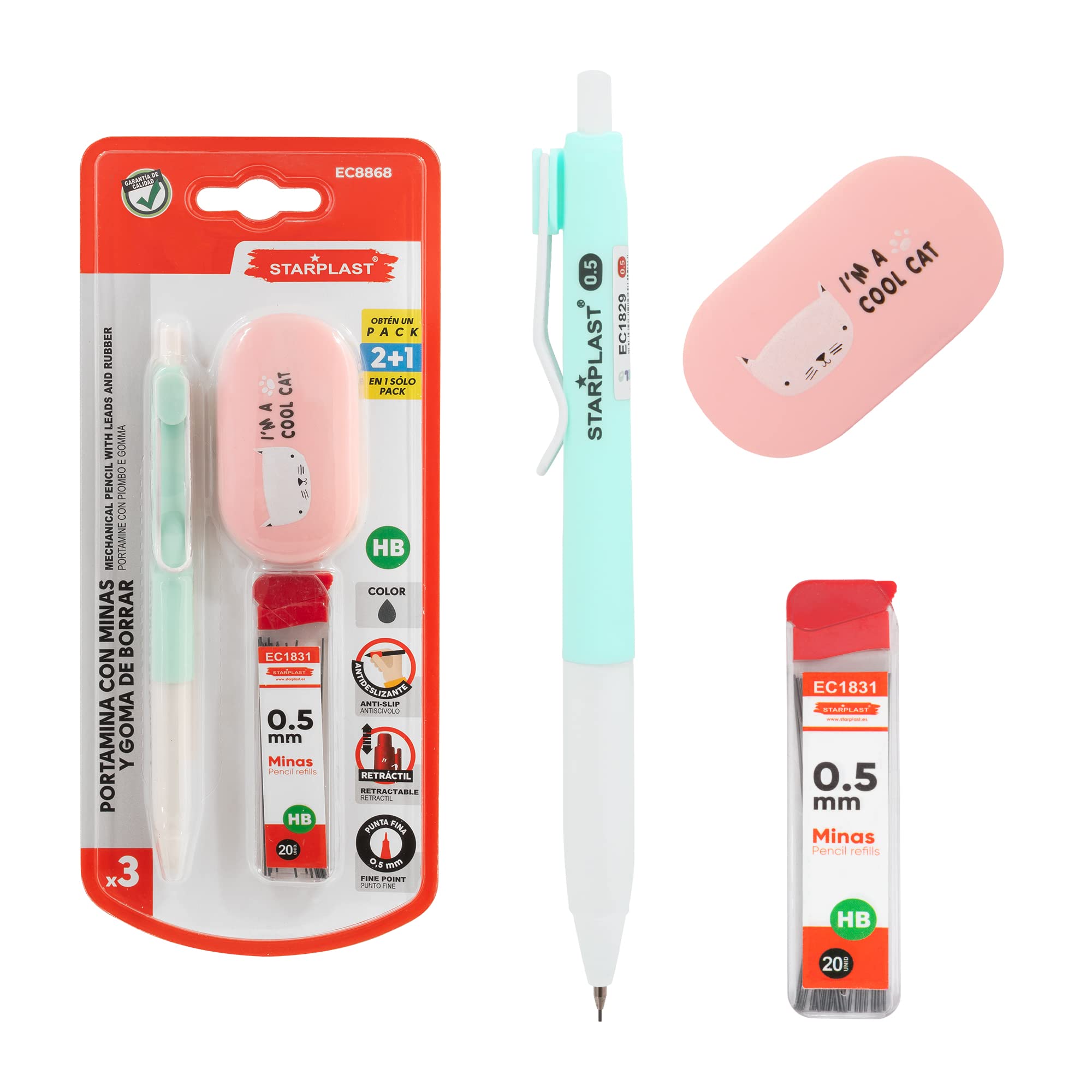 Starplast SET PORTAMINAS + GOMA + MINAS 4 colores, diseño goma aleatorio, minas 0.5mm, retráctil, con antideslizante, para oficina o uso escolar - AZUL PASTEL