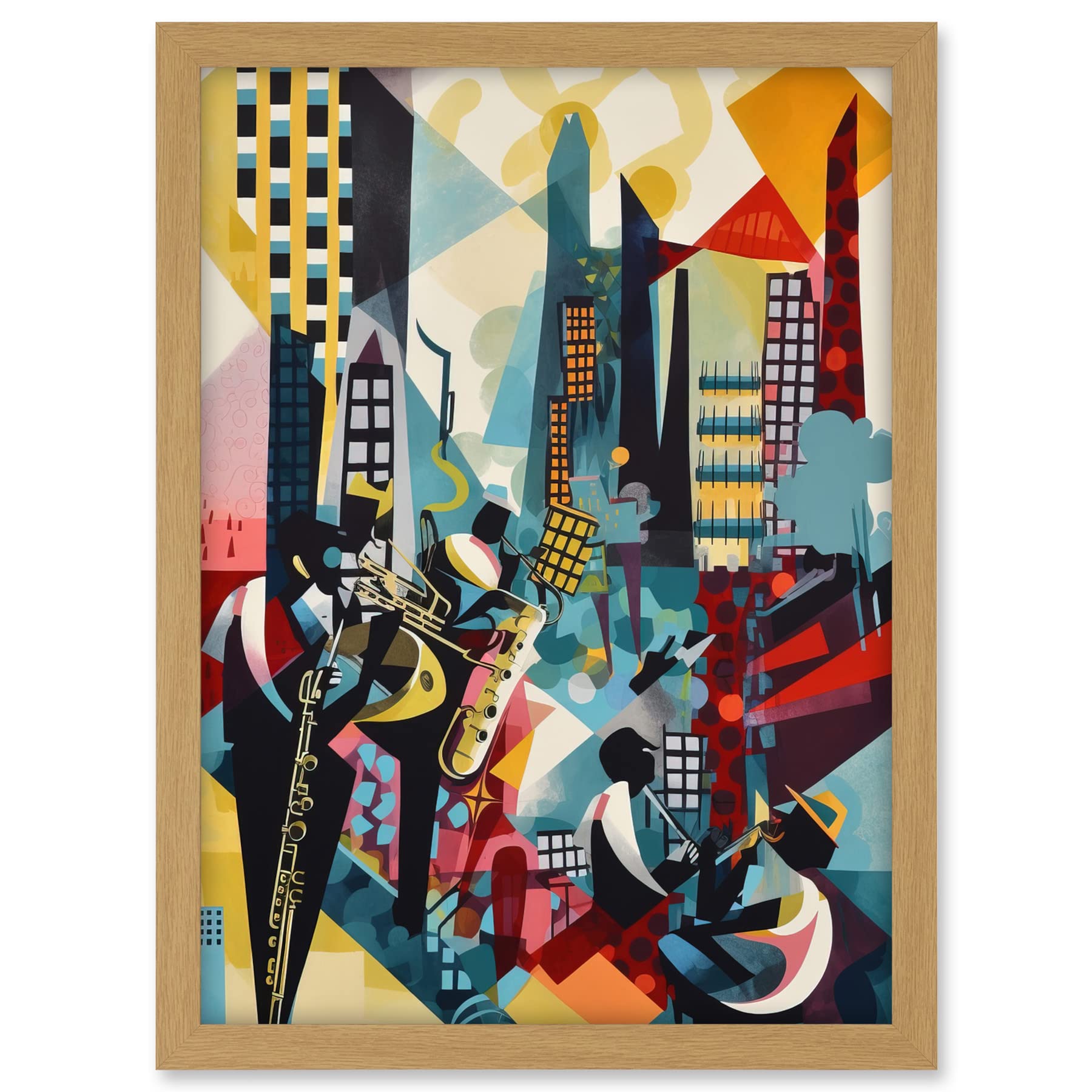 Artery8 Jazz Musicians Playing on an Urban Landscape Rooftop Abstract Modern Watercolour Illustration Artwork Framed A3 Wall Art Print