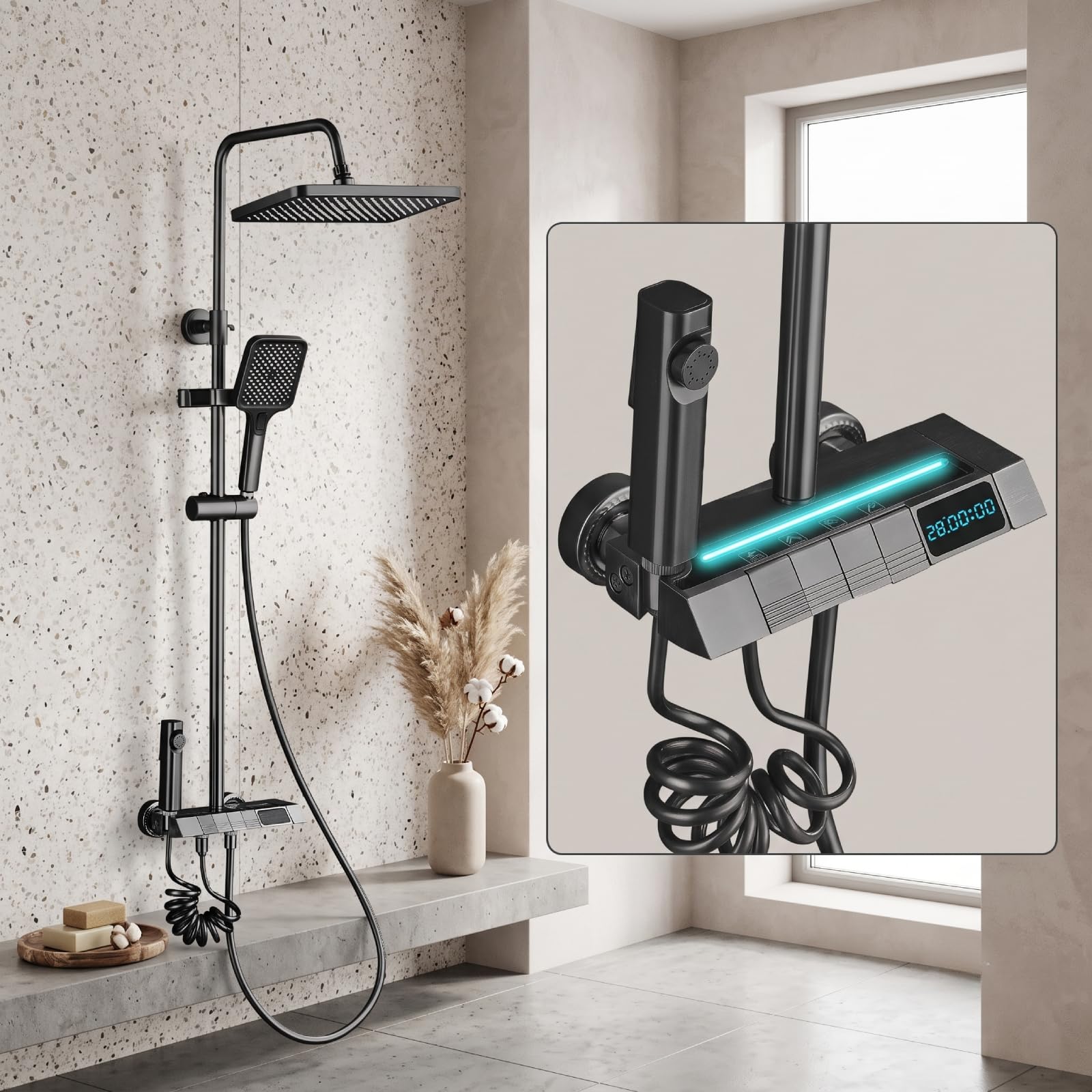 Columna de Ducha con Rociador superior/Ducha de mano ABS, 4 Modos Indicación de La Temperatura del Agua, Columna Ducha Columna de Baño Multifuncional Altura Ajustable 85-105cm, Negro
