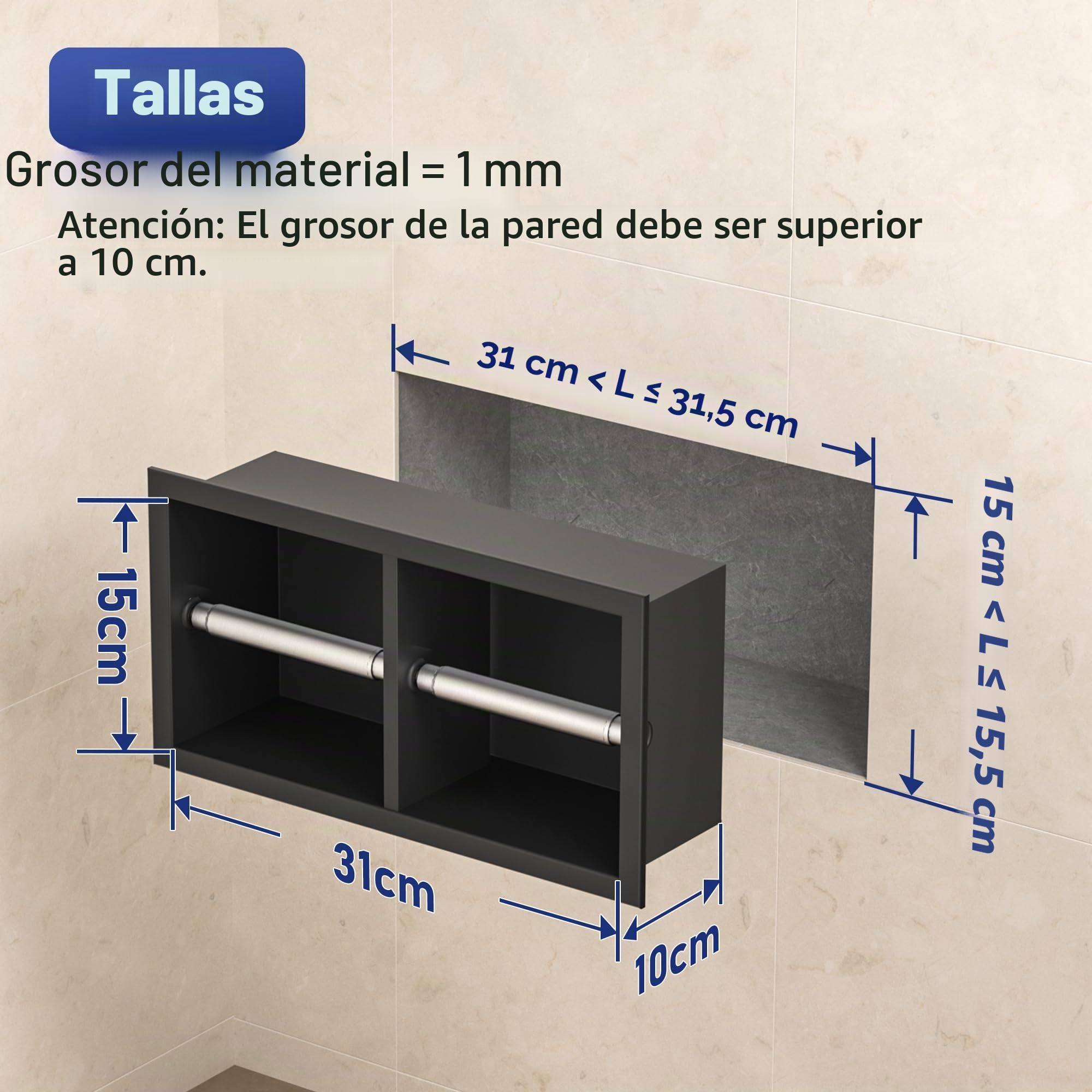 Portarrollos de baño empotrados de acero inoxidable, armario de baño con soporte para papel higiénico, soporte para papel higiénico con almacenamiento, 10 × 18 × 34 cm, negro