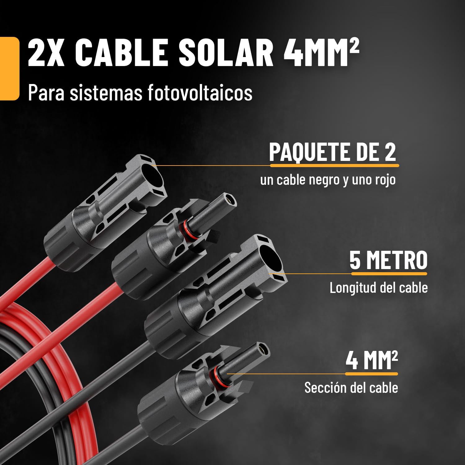ABSINA Cable Solar Negro y Rojo H1Z2Z2-K 2x5m 4mm² Resistente a UV Para Panel y Placa Solar Con Enchufe