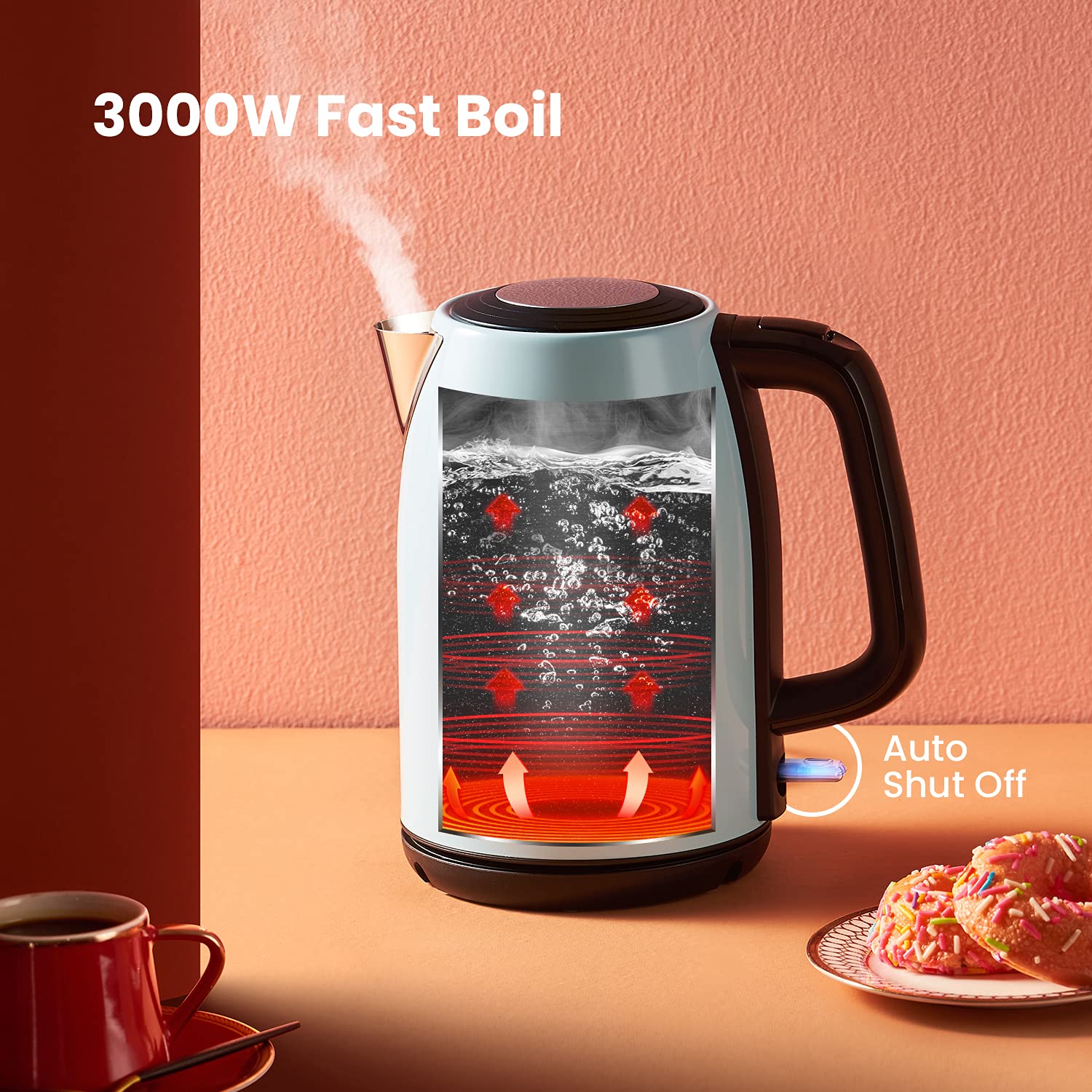 COMFEE' Electric Kettle 3000W Fast Boil, 1.7L Brushed stainless steel Kettle Cordless with Auto