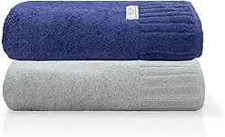Jogo Toalha De Banho Gigante Ele/Ela Velour 500g/m², 100% Algodão, 02 Peças 85cm x 150cm, Toque Super Macio, Aconchegante, Melhor Absorção, Moderno E Sofisticado (Marinho/Limestone)