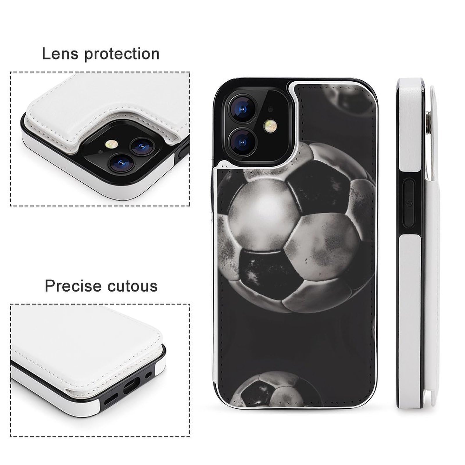 Funda tipo cartera para iPhone 12 Mini, diseño de fútbol con estampado de fútbol, funda de piel con ranuras para tarjetas