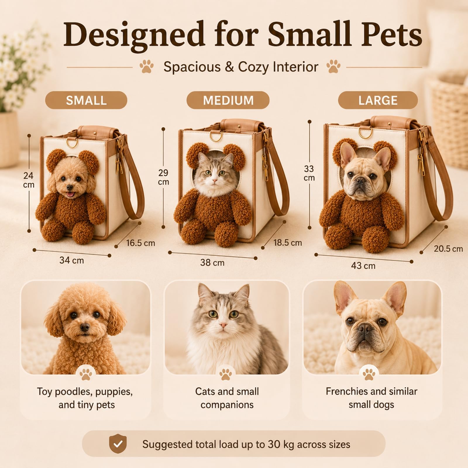Hundetragetasche Welpen, Katzentransporttasche, Hundetasche Hunde Tragetasche für Kleine Hunde Katzen, PU, Pet Travel Bag mit Schultergurt, Große Kapazität (S)