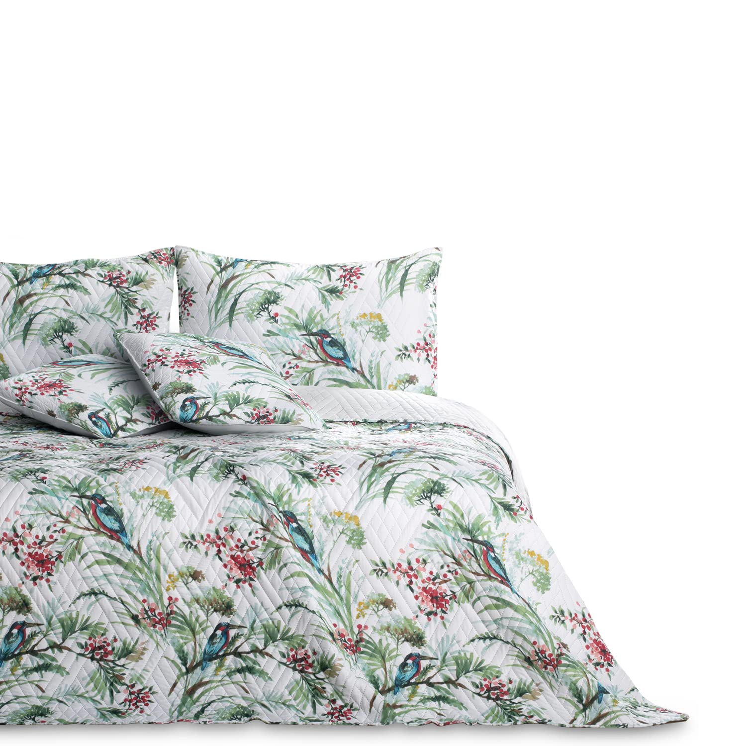 AmeliaHome Bedspread Bed Throw 170 x 270 cm Double-Sided Easy Care Quilting Plant Pattern Bird Pattern Multicoloured Kingfisher