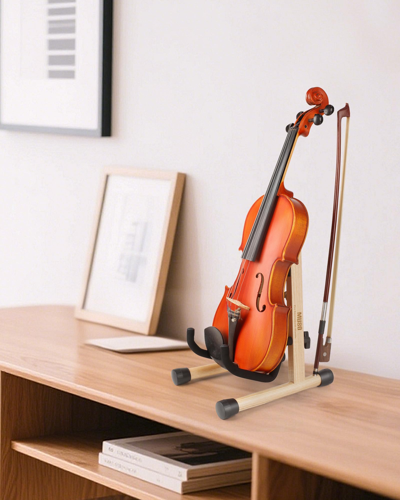 MUSO Support de violon avec support pour archet, ukulélé, support en bois pour mini guitare, banjo et mandoline (bois naturel)