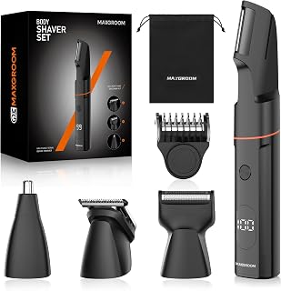 MAXGROOM Manscape Body Hair Trimmer for Men: Waterproof Pubic Groin Ball Shaver, No-Nick Electric Groomer Kit with V-Shaped Head, LED Display & Adjustable Comb