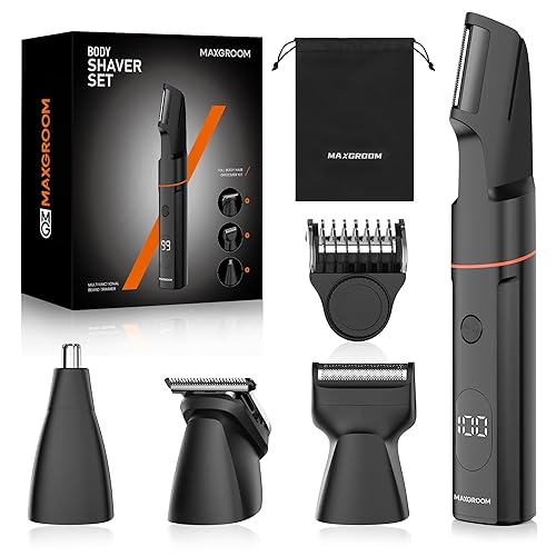 MAXGROOM Manscape Body Hair Trimmer for Men, Waterproof Pubic, Groin & Ball Shaver, No-Nick Mens Electric Grooming Kit with LED Display, USB Rechargeable, Adjustable Guide Comb