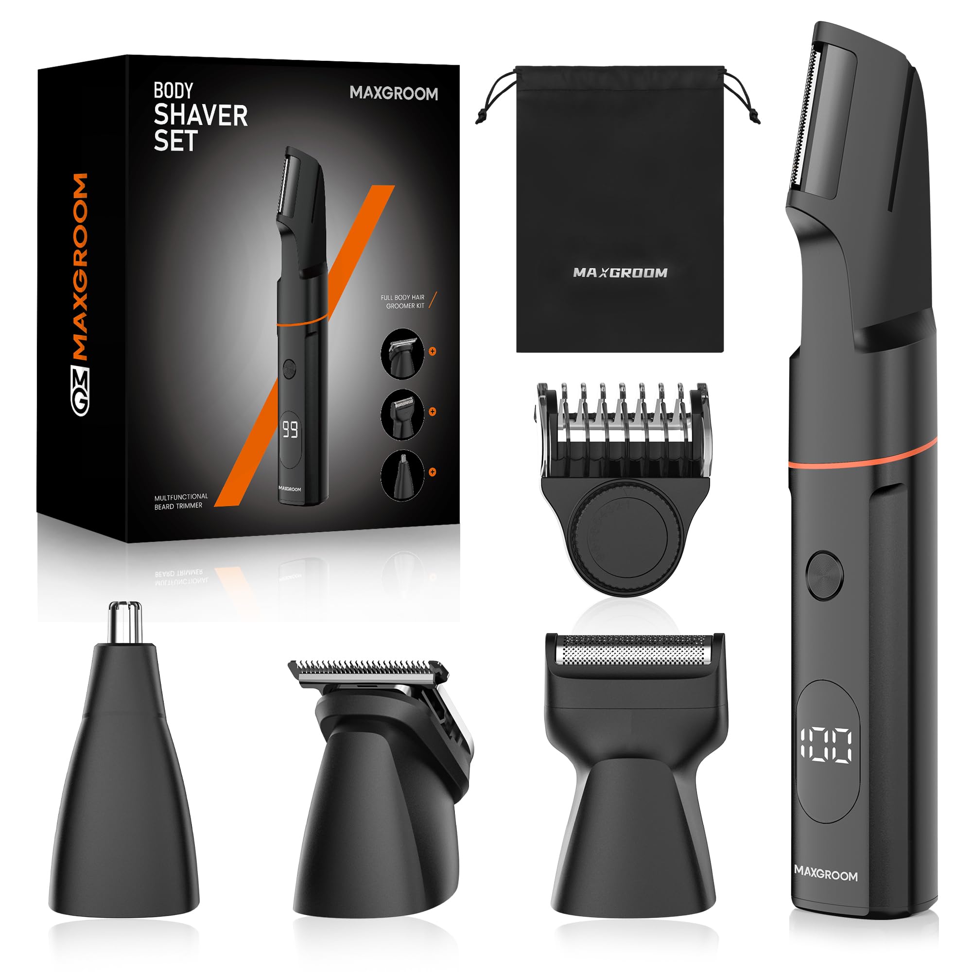 MAXGROOM 4 in 1 Electric Body Groomer for Men - Beard Trimmer With Nose Hair Trimmer, Rechargeable Manscape Razor for Private Parts, Back, Pubic (Black-1)