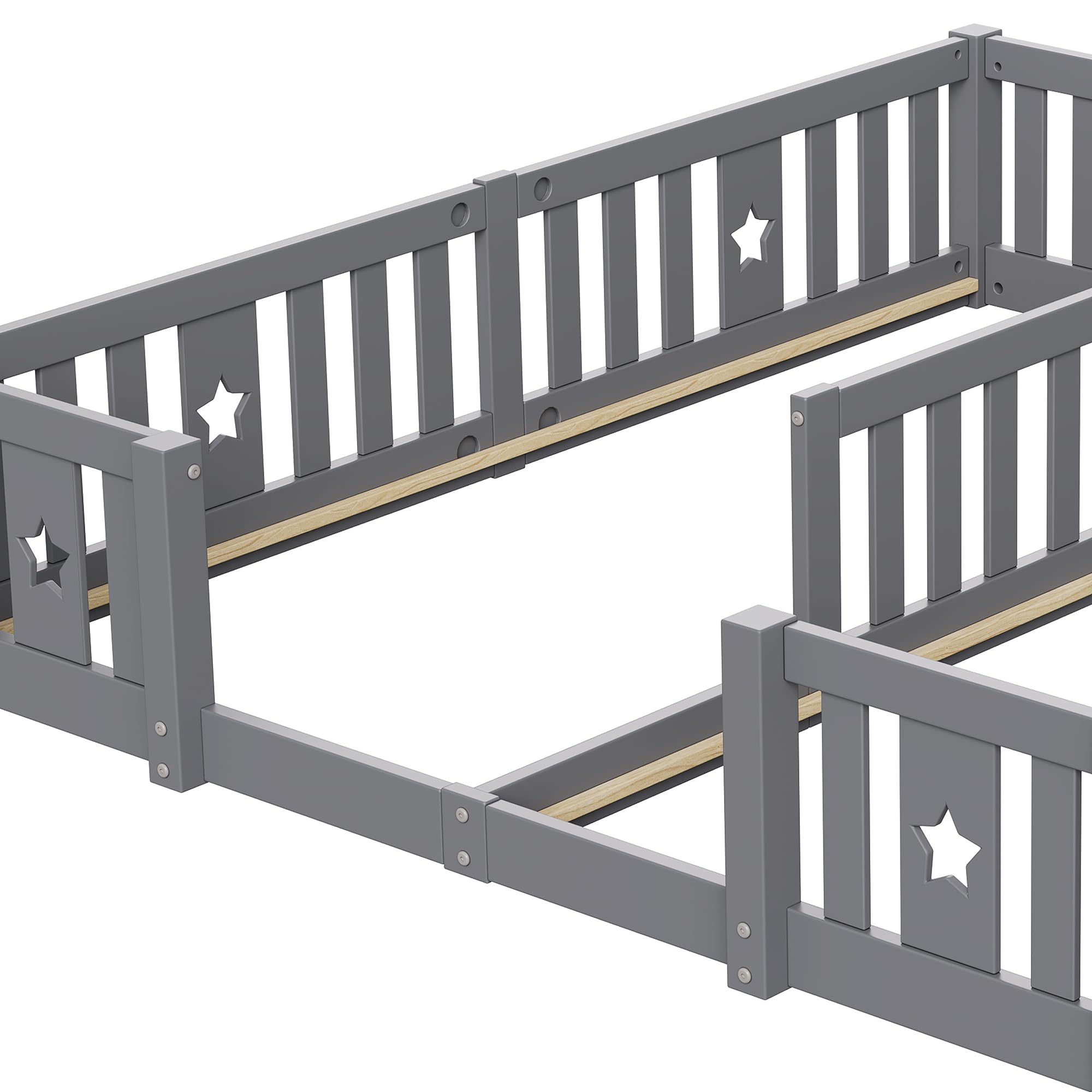 Letto a Terra 90x200 cm, Letto per Bambini a Terra con Barriera, Letto Montessori, Legno Massiccio, Letti Doppi, per Camera di Ragazzi e Ragazze, senza Materasso (Grigio A, 188 * 206 * 40)