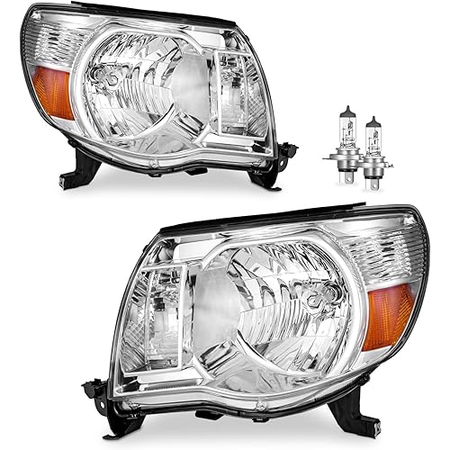 Headlights Assembly Compatible with 2005-2011 Toyota Tacoma Headlamp Replacement Chrome Housing Amber Reflector Driver & Passenger Side