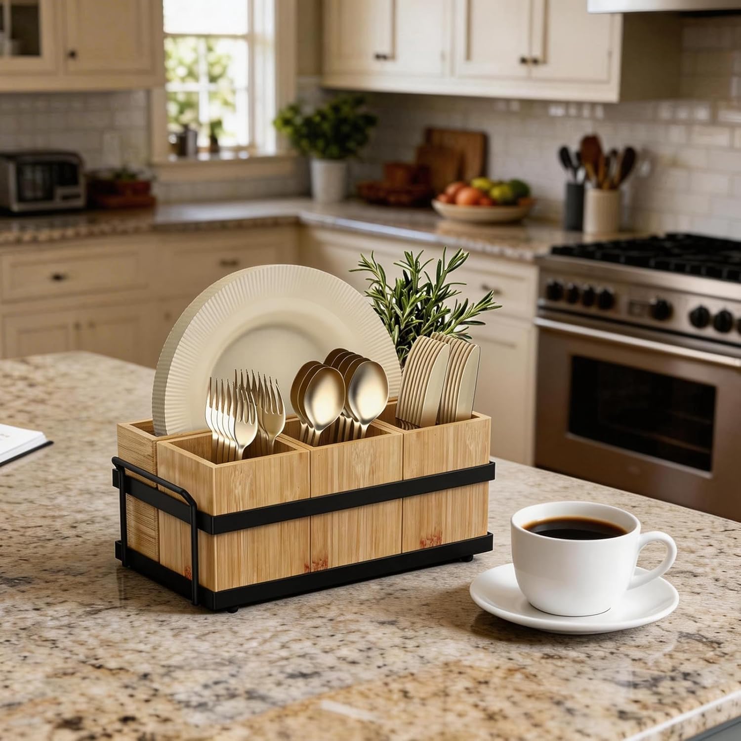 Silverware Caddy for Party, Silverware Holder with 4 Removable Compartments for Countertop Organizing Utensils, Paper Plates, Flatware, Wood Sevring Caddy