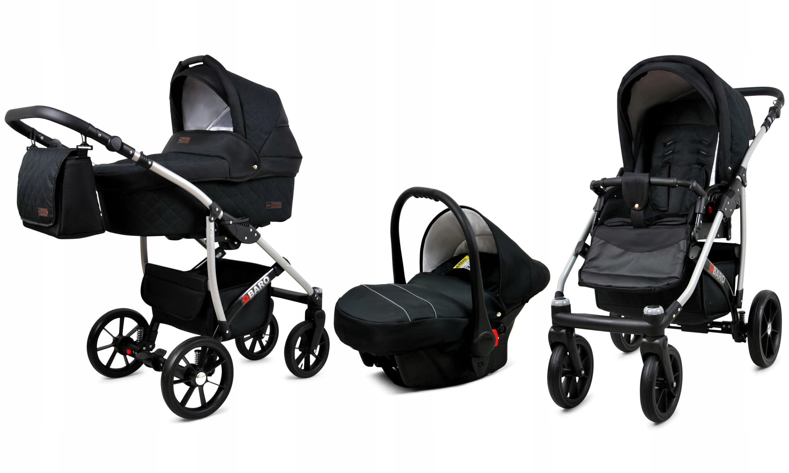 BabyLux® Bambini Passeggino Completo Set 3 in 1 - Qbaro - incl. Navicella, Canna, Seggiolino Auto - Carrozzina Neonati Sistema Combinato - con Borsa fasciatoio, Copertura antipioggia ecc.