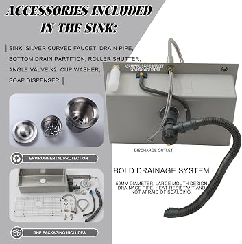 Kitchen Sink 50 cm Wide SUS 304 Stainless Steel Built-in Sink Square with Drain/Overflow Installation Type: Installation from Top with 3 Pre-Drilled Holes R10 Radius Corners Brushed