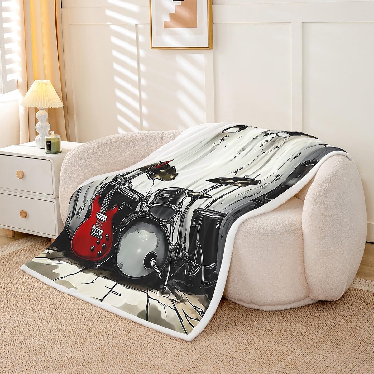 Homewish Couverture 229x229cm Enfant Guitare,Plaid Canape Kit de Tambour,Couverture Polaire Instruments de Musique de Mode,Jetés de Lit Enfants Garçons Filles Thème de Musique Pop