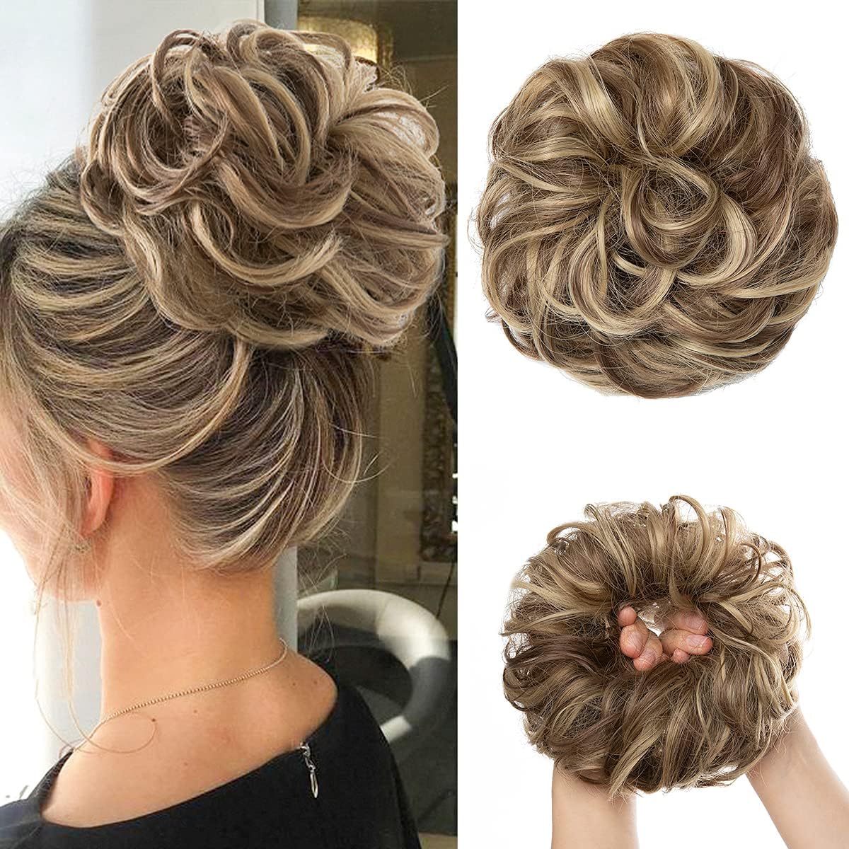 Large Messy Bun Hair Piece Wavy Curly Scrunchies Synthetic Chignon Ponytail Hair Extensions Thick Updo Hairpieces for Women Brunette/Ash Blonde