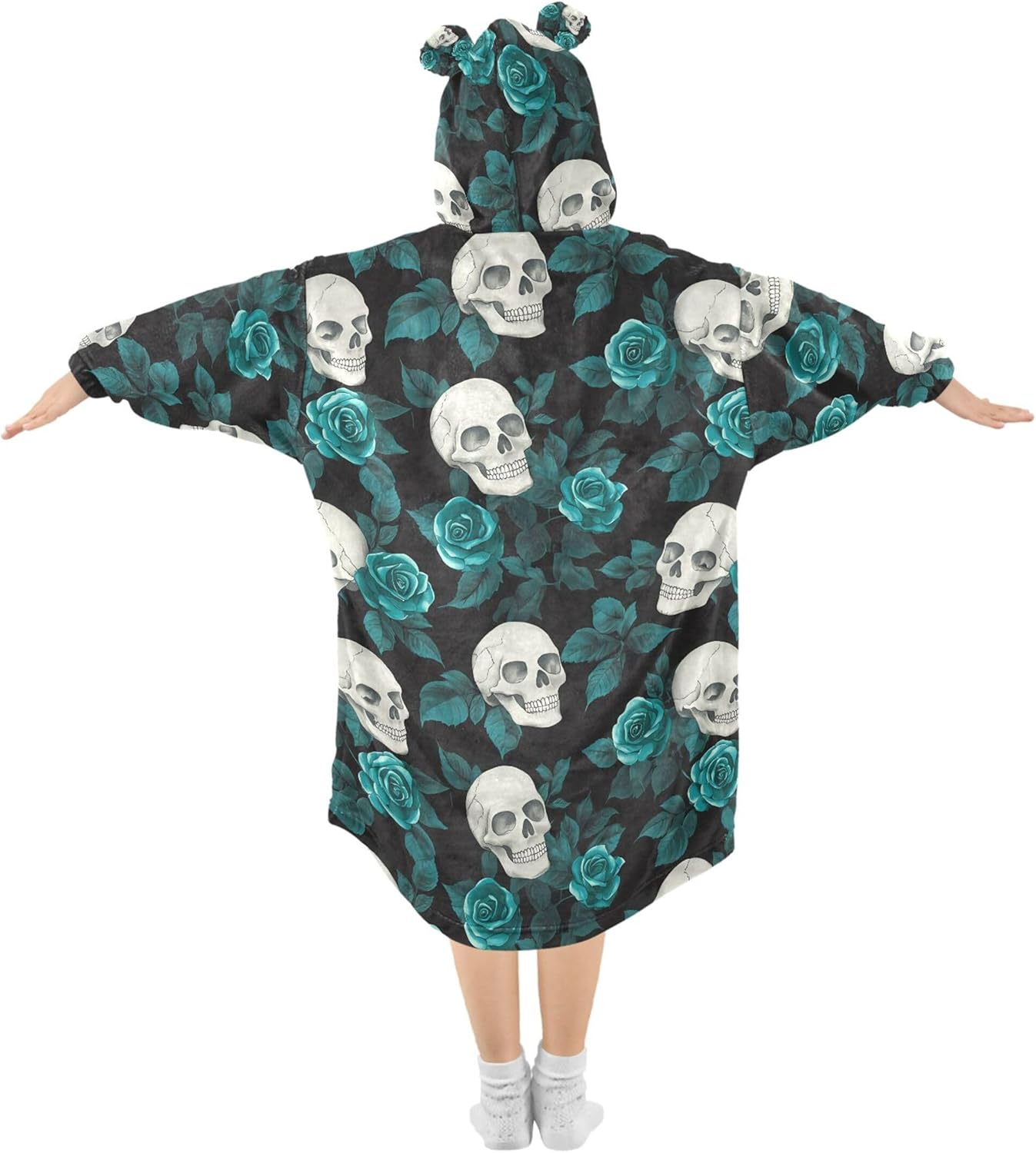 Skull Flower Kids Wearable Blanket Hoodie with Pocket and Sleeves for Toddlers, Cute Hoodies 3-14 Year Girls Boys