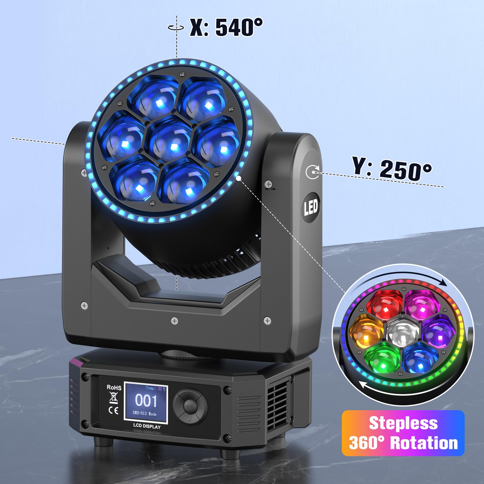 300W Testa Mobile Luce di Festa RGBW LED, Wash Palcoscenico Lampada a Spot Beam Zoom Luce spettacolo DMX512 Strobo Z-asse 360° Rotazione infinita per Discoteca DJ Natale Matrimonio