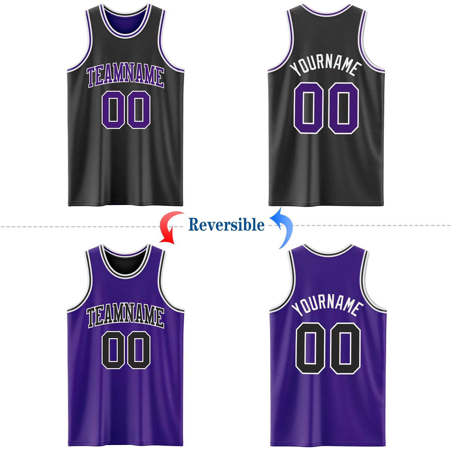Reversible Basketball Jersey Custom Black Purple Custom Double Side Sportswear Basketball Tennis Suits 2-Tone Design Personalized Plain Round Neck Sleeveless Athletic Practice Team Uniform Tank Tops