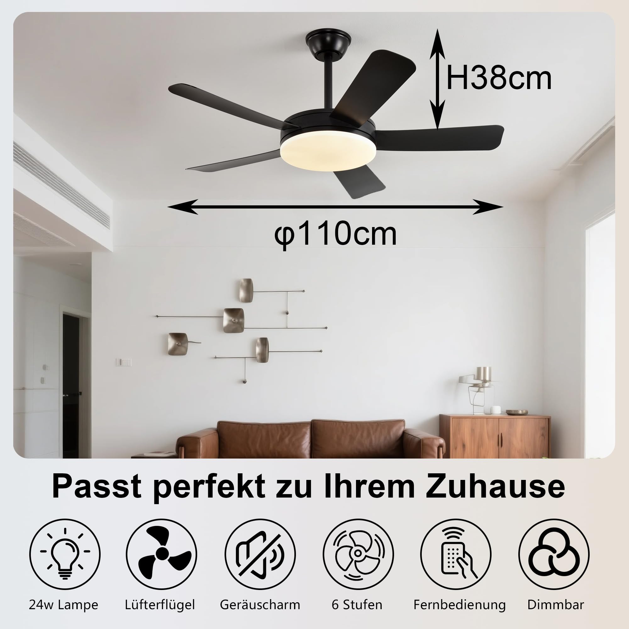 110 CM Schwarz LED Deckenventilator mit Beleuchtung und Fernbedienung Leise | Deckenventilator mit Licht Fernbedienung, 5Flügeln, Timer, 3Farbtemperatur,6Geschwindigkeiten, Motor DC,Sommer Wintermodus