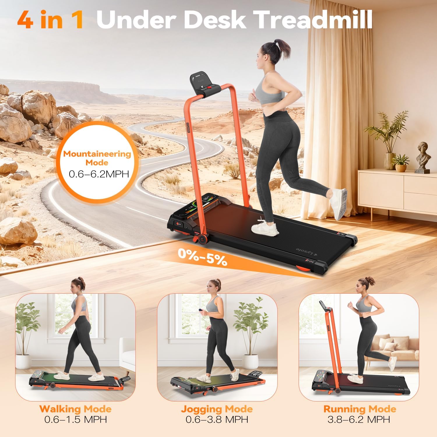 Lysole treadmill showing four modes: walking, jogging, running, and mountaineering with 0-5% incline.