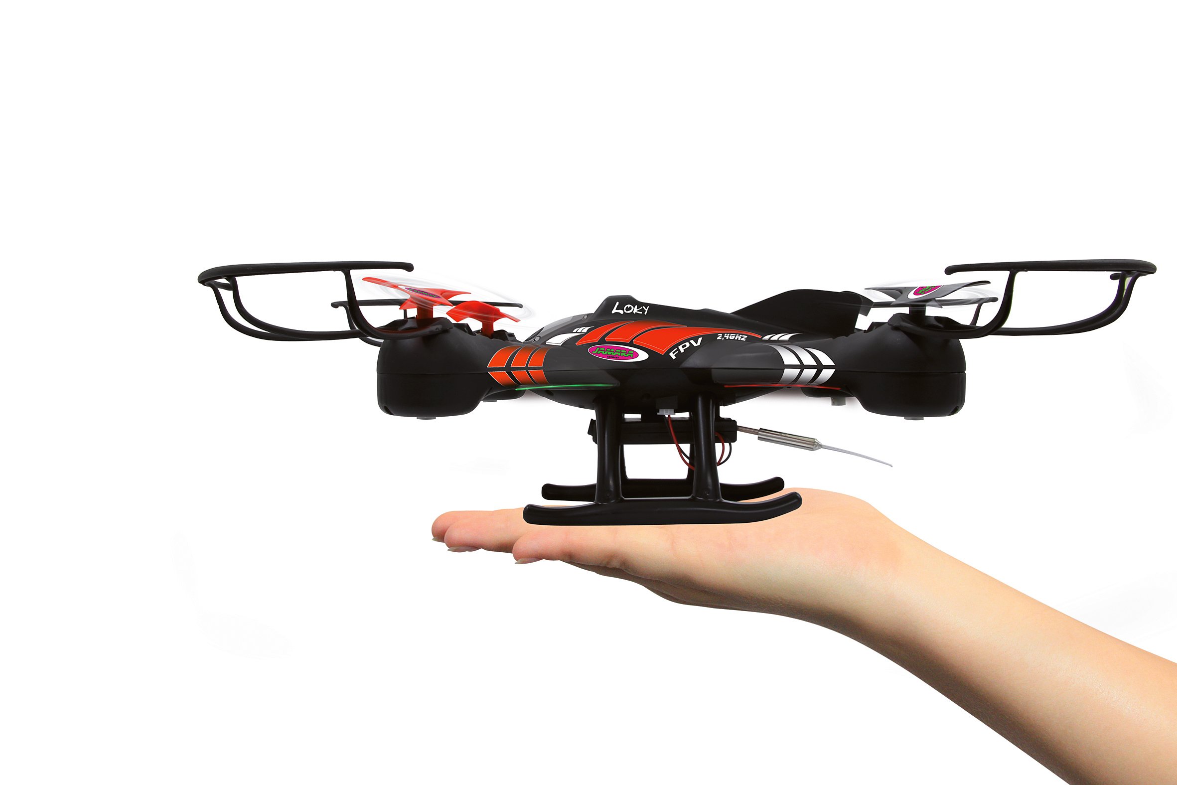 JAMARA 422001 - Loky FPV Drone LCD Screen Kompass Flyback Turbo - entkoppeltes 2,4 GHz FPV Kamerasystem (640 x 480px) Foto- / Videofunktion, 4 GB SD-Karte, bis zu 40 Km/h, Super Silent Technology, LED