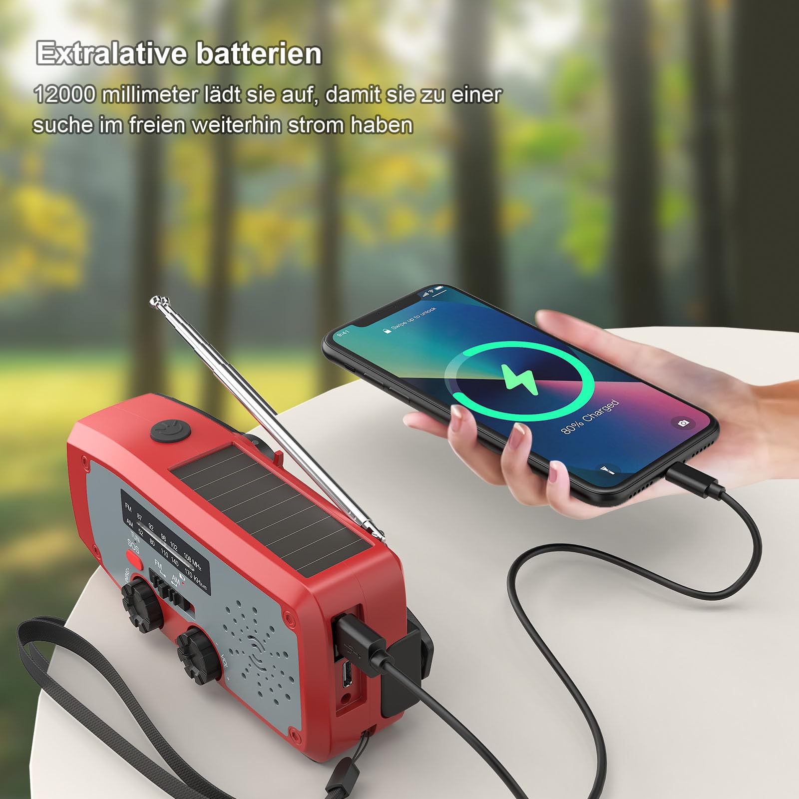 Kurbelradio, Notfall-Solarradio mit LED-Taschenlampe, SOS Alarm, AM/FM Notfallradio mit 2000mAh Akku für Innen Außen Camping Stromausfall, Rot