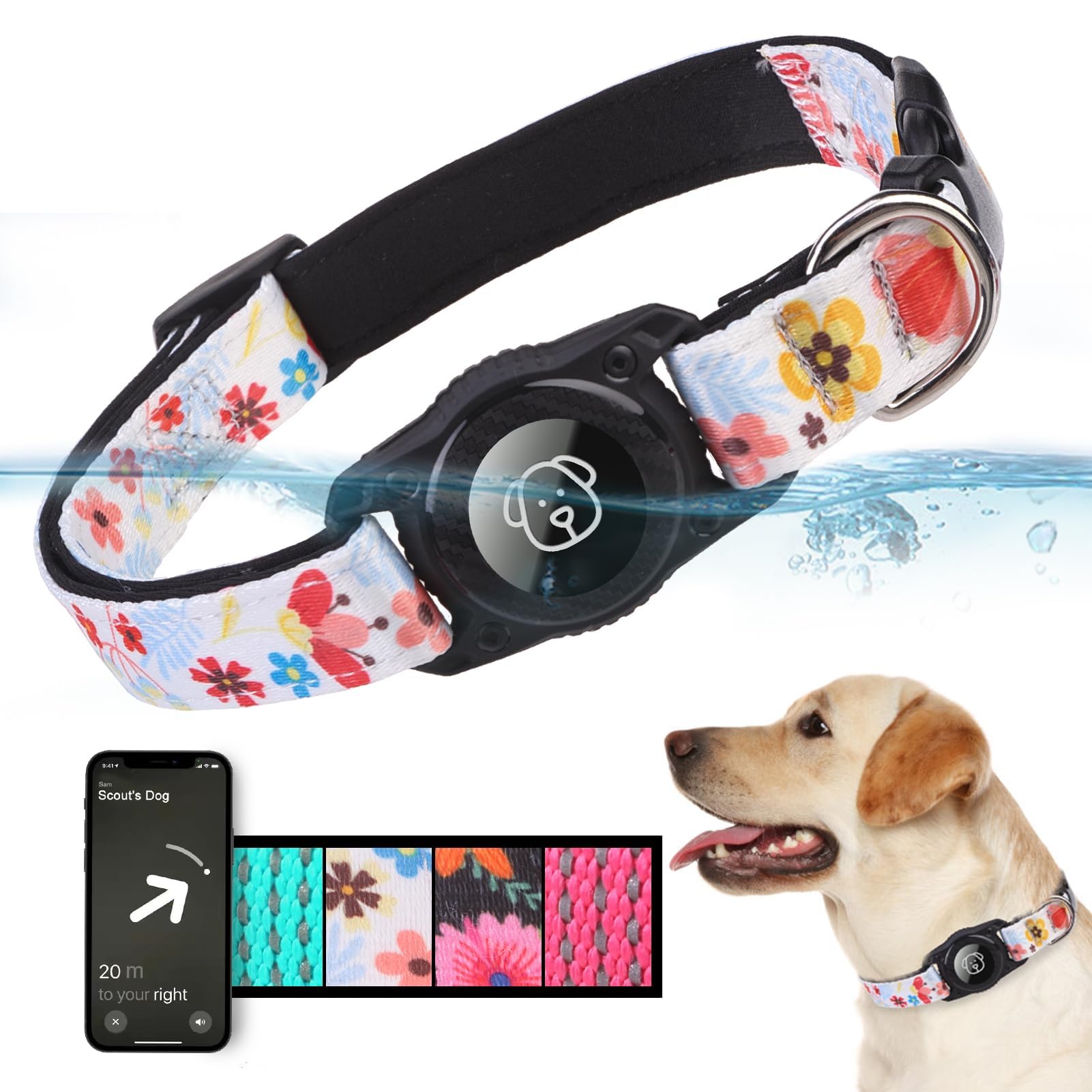 BINGPET AirTag Dog Collar,IP68 Waterproof Airtag Holder,Ultra-Durable Cute Flower Dog Collar with Padded for Tracker,Adjustable Heavy Duty Dog Collar