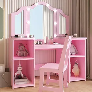 Kids Vanity with Lights, Princess Makeup Vanity Desk with Storage Cabinet & Touch Light Detachable Tri-Folding Mirror, 2 In 1 Toddler Vanity Table & Chair Set Wooden Girls Vanity Dress Table for Girls