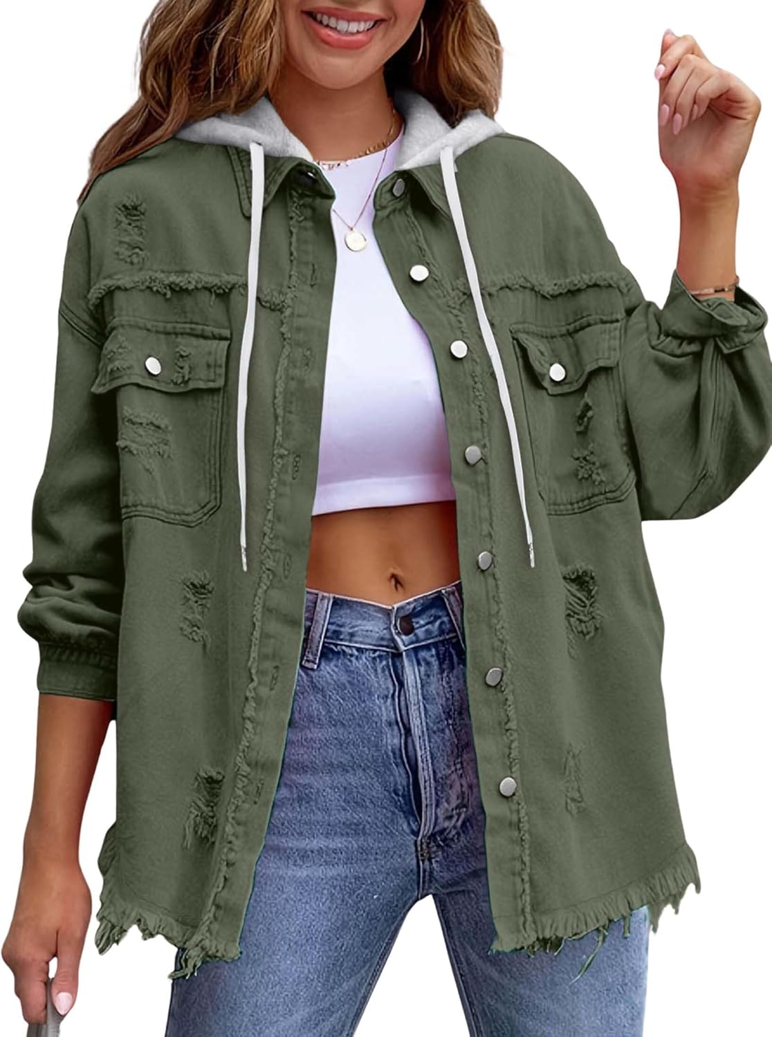 LIZALIG Women's 2026 Trendy Ripped Denim Coat - Oversized Boyfriend Button Down Frayed Jean Shacket