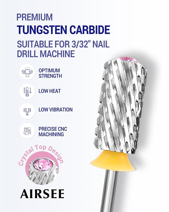 AIRSEE Tungsten Carbide Nail Drill Bit, Pink Crystal Top Barrel,2XC