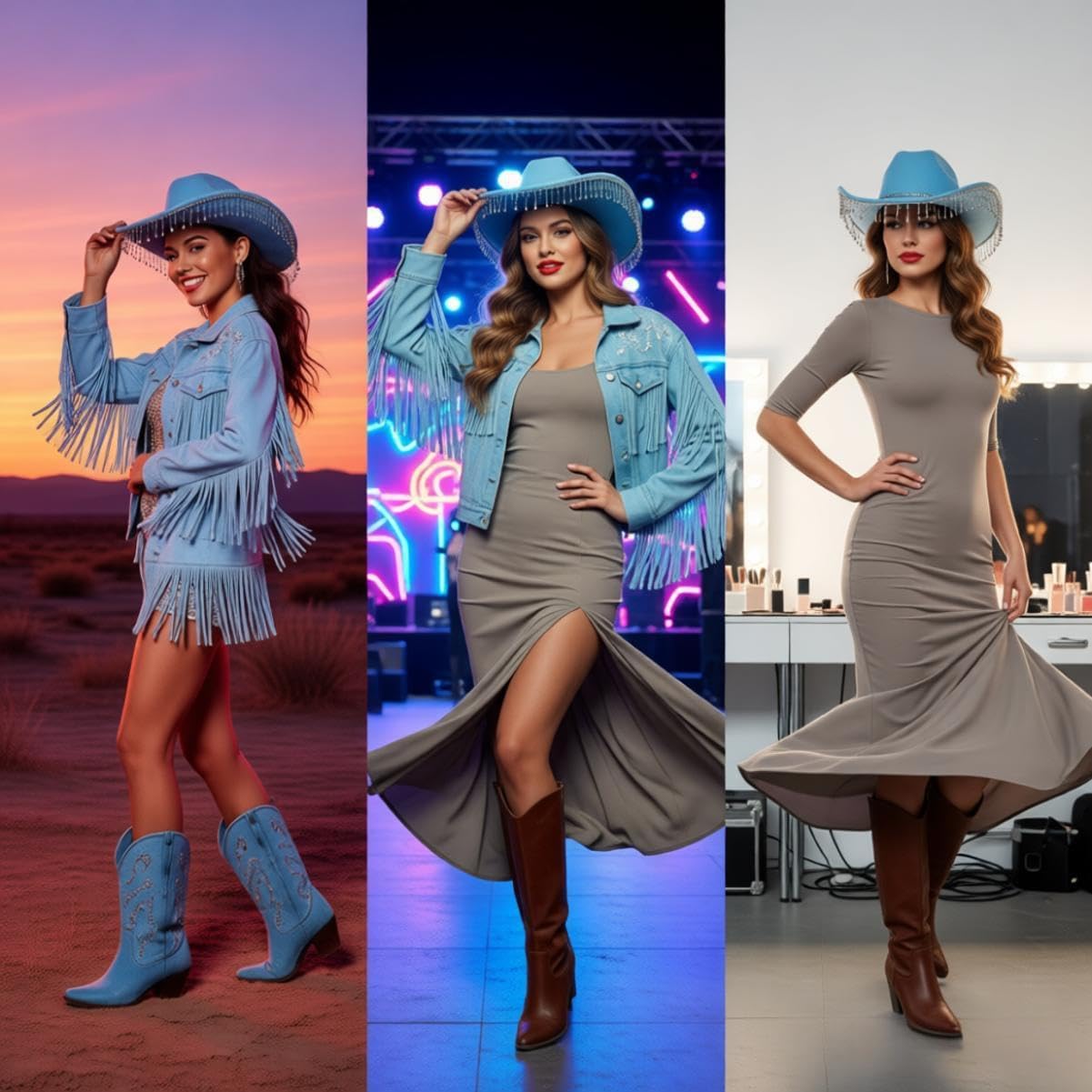 Women Men Cowboy Hat with Dangling Chain Diamante Stones Sparkle Cowboy Hat for Novelty Fancy Dress Party Cowgirl Halloween (Lake Blue)