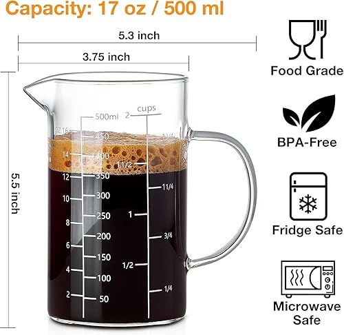 Miniatura 5 de BCnmviku Taza medidora de vidrio de 500ML 2 tazas con asa, vidrio de borosilicato alto tres escalas (OZ, taza, ML/CC para cocina o restaurante fácil