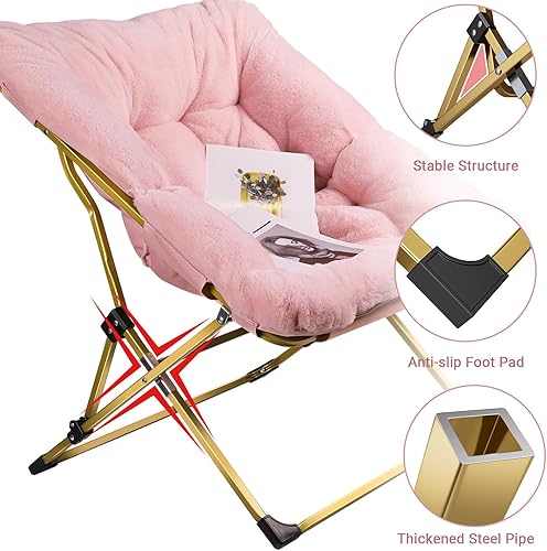 Miniatura 5 de YaFiti Comfy Saucer - Silla plegable de piel sintética de gran tamaño para dormitorio y sala de estar, silla suave y perezosa, silla lunar con marco