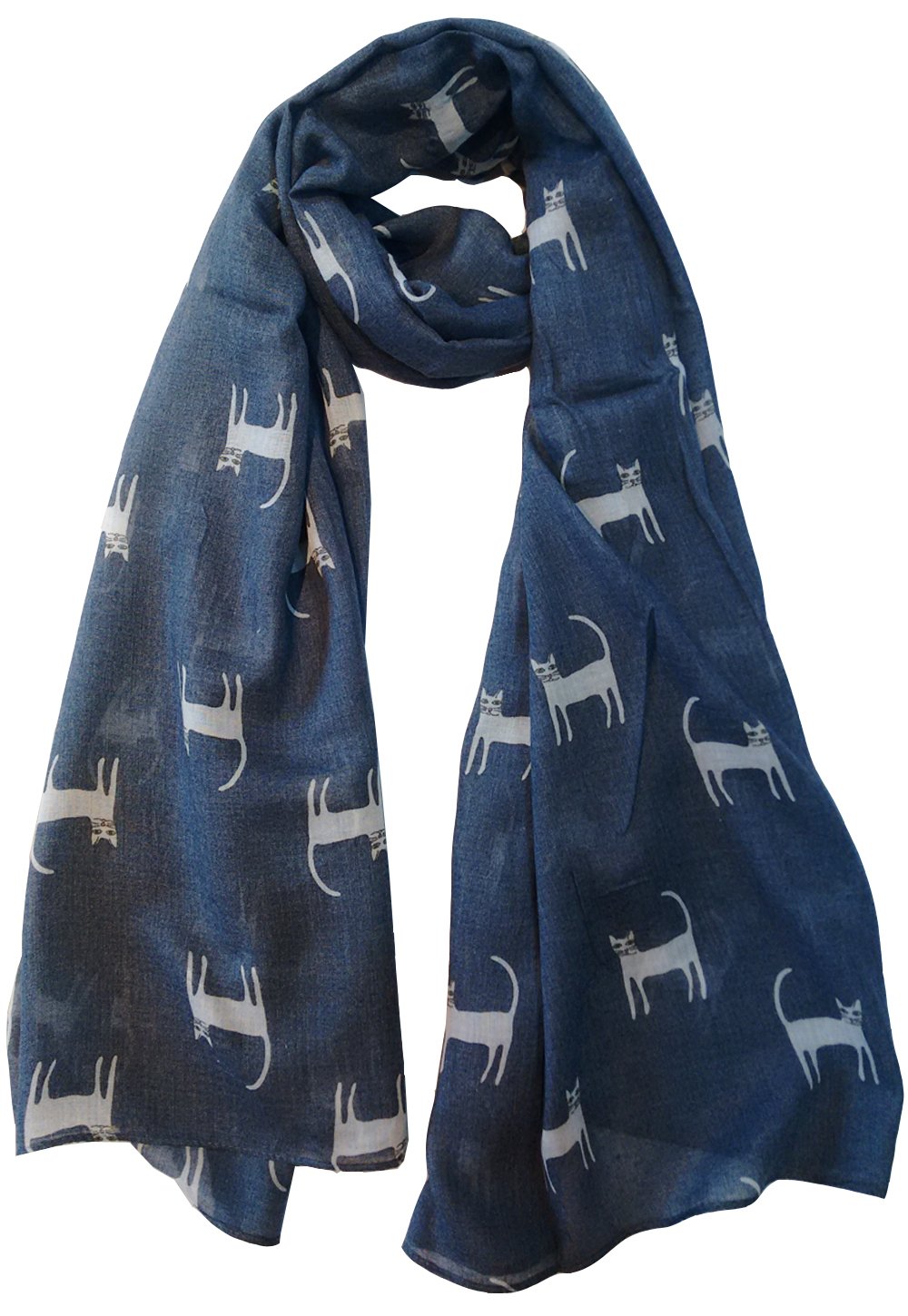 Glamlondon Women's Denim Blue Cat Printed Kitty Sketch Scarf (Denim Blue)(Size: L)