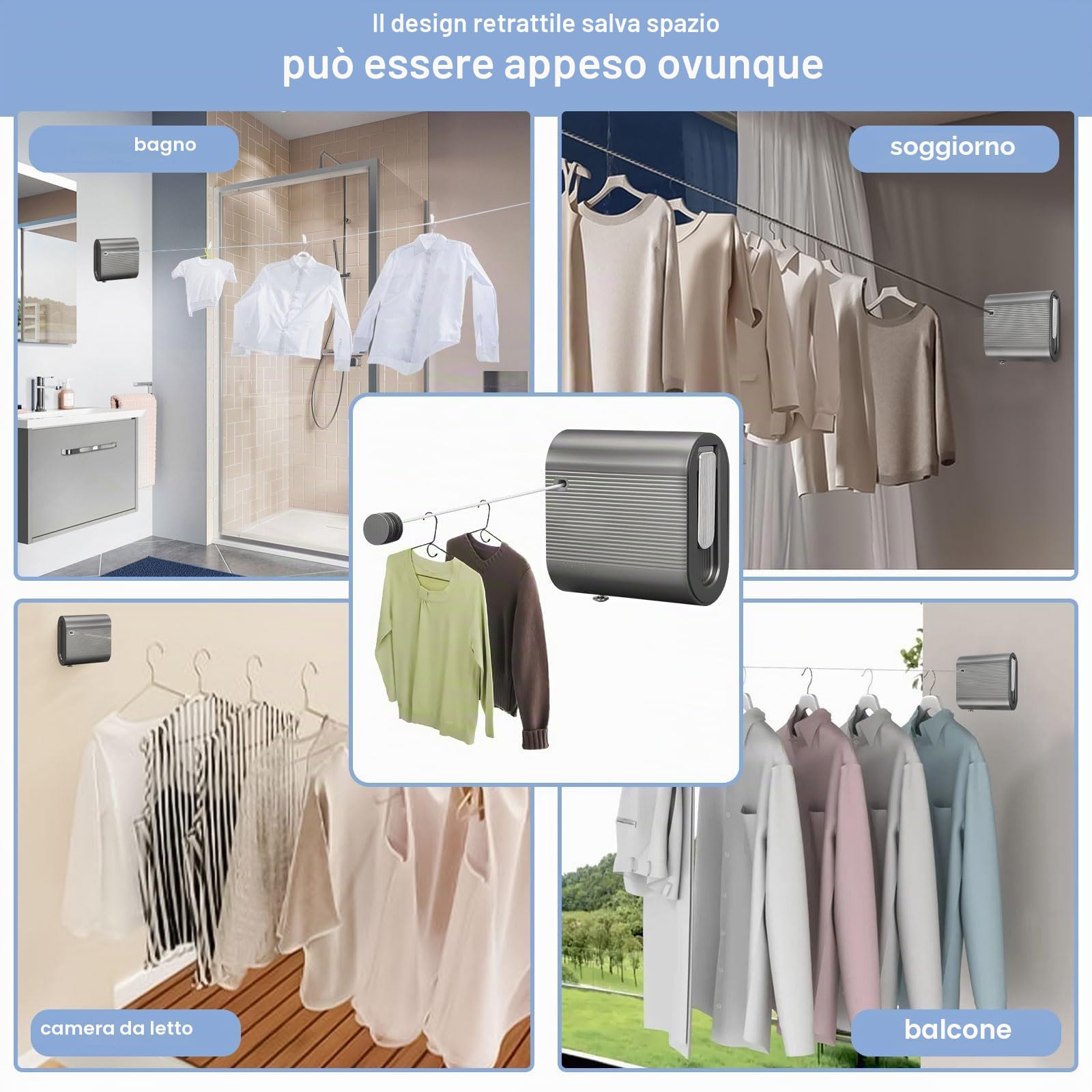 Qivine Stendibiancheria Retrattile da Parete 4,2 m, Filo in Acciaio Inox 304, Capacità fino a 20 kg, Corda Estensibile Antiafflosciamento, Doppia Installazione, Salvaspazio per Bagno, Balcone
